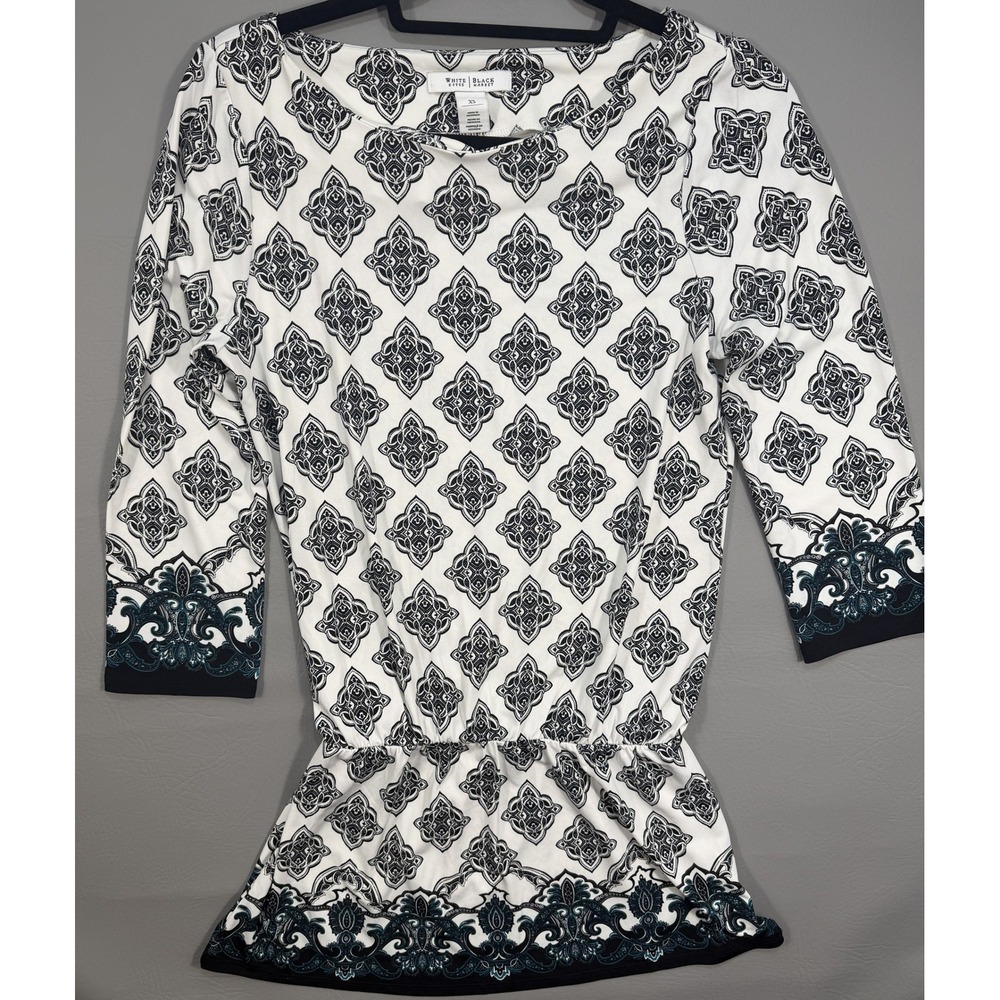 White House Black Market Tunic Women XS White Black Excellent Medallion Peplum